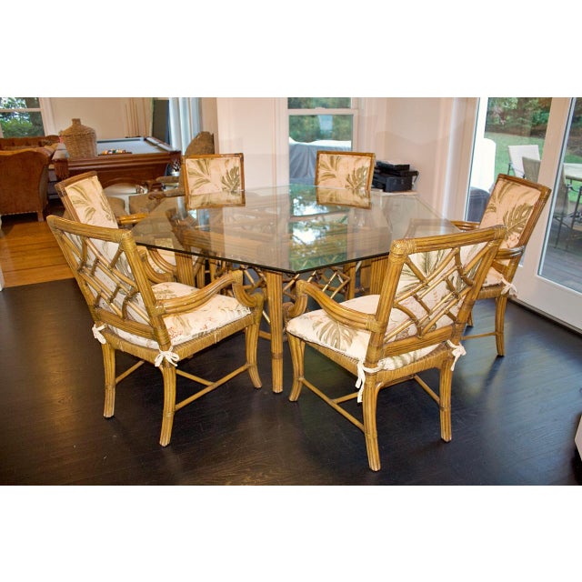 Mid 20th Century Vintage McGuire Style Hexagonal Glass Top Dining Set—Set of Seven For Sale - Image 5 of 5