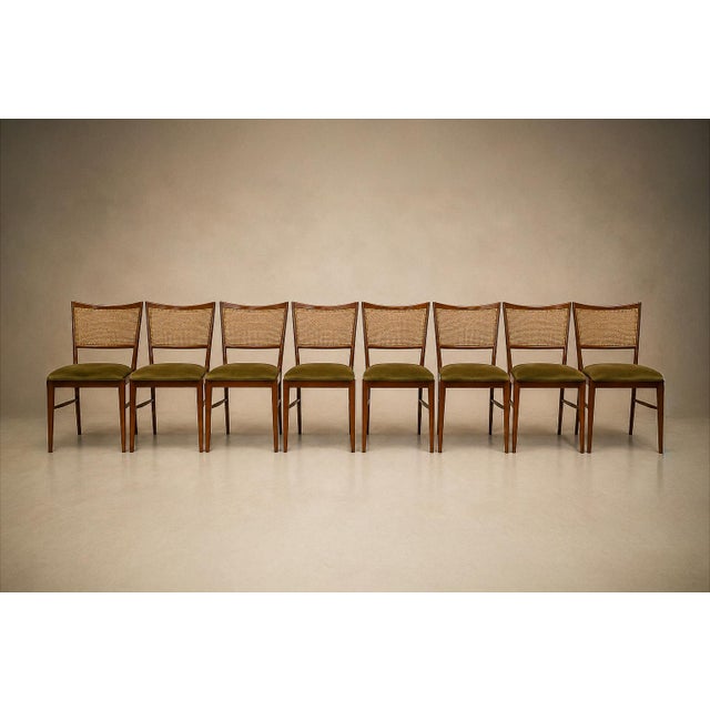 Set of Eight Brazilian Modern Dining Chairs in Caviúna, Cane & Warm Olive Mohair, 1960s For Sale - Image 9 of 18