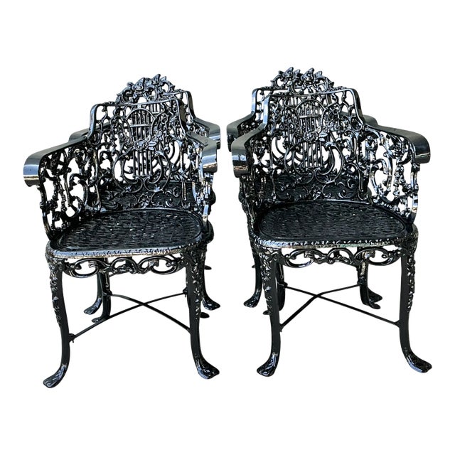 Vintage Cast Aluminum Lyre Back Armchairs - Set of Four For Sale