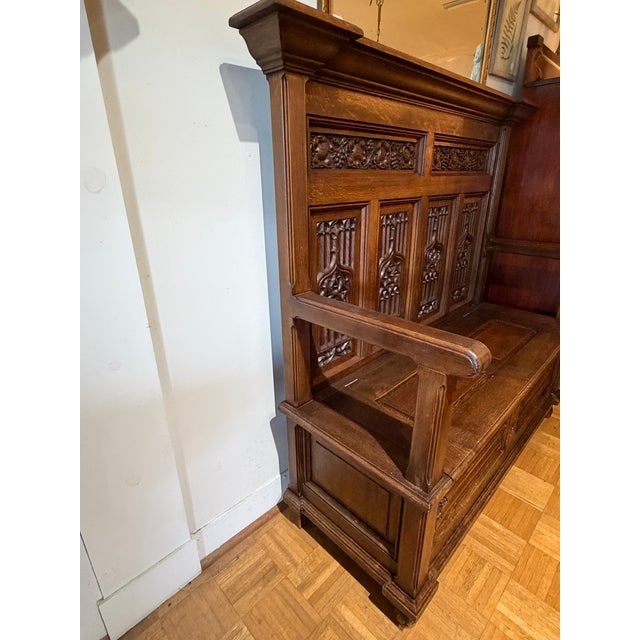 Chestnut Antique Heavily Carved German Bench Oak 1800s For Sale - Image 8 of 10