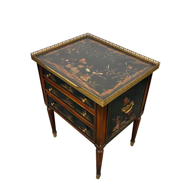 1990s Vintage Theodore Alexander Hand-Painted Chinoiserie Three-Drawer Accent Chest With Brass Gallery For Sale - Image 5 of 12