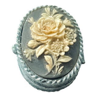 Vintage 1970s Victorian Revival Estée Lauder Flower Cameo Solid Perfume Compact For Sale