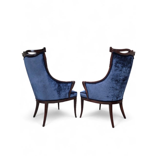 Blue Vintage Regency Revival Style Wingback Chairs Attributed to Grossfeld House Newly Reupholstered – Pair For Sale - Image 8 of 11
