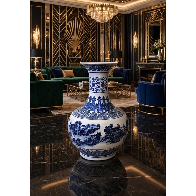 Blue 1930s Large Blue White Globular Vase Landscape Pavilions Apocryphal Six-Character Mark For Sale - Image 8 of 14