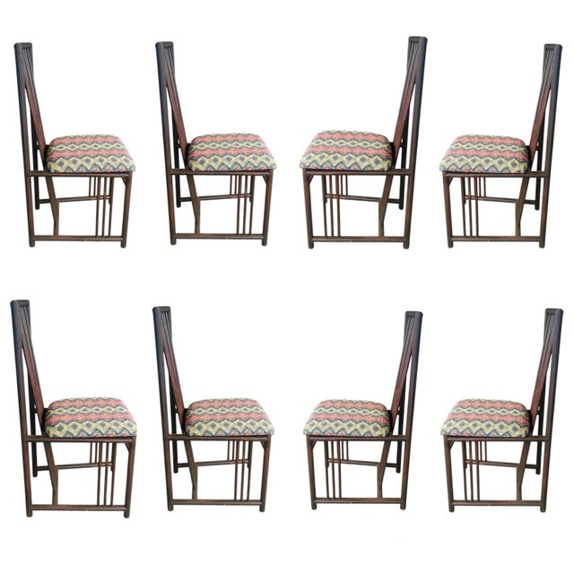 This is a set of 8 Vintage Dining Chairs, designed by A. Sibau in Italy in the 1980s. This silhouette recalls Deco,...