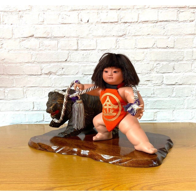 Vintage Japanese Kintarō Doll with Carved Wooden Bear, 1970s For Sale - Image 10 of 12