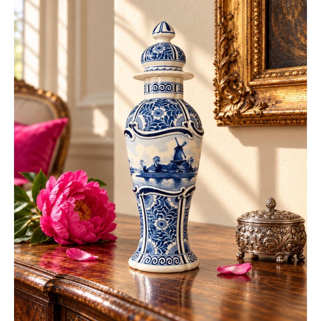 Traditional Antique 1911 Royal Delft De Porceleyne Fles Lidded Vase With Panoramic Dutch Landscape For Sale - Image 3 of 9