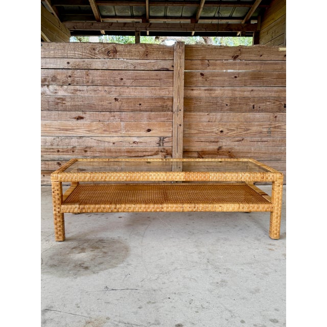 Vintage Coastal Organic Modern Rattan Wrapped Cane Coffee Table With Glass Top For Sale In Naples, FL - Image 6 of 12
