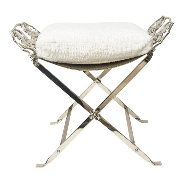 Vintage Art Deco Nickeled Silver Over Iron Griffin and Gargoyle Bench With White Crocodile Pattern Loose Cushion Restored For Sale