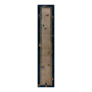 1920s Beige Minimalist Symbols Antique Chinese Peking Carpet 2'6"x 11'6" Knotted Wool Rug Runner