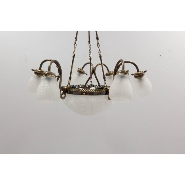 French Art Deco Chandelier in Frozen Glass and Brass, 1930 For Sale - Image 3 of 18
