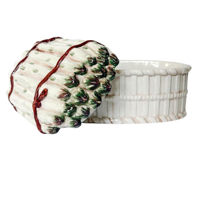 Vintage Italian ceramic asparagus lidded tureen featuring a cover modeled as a bundle of white asparagus with green tips...