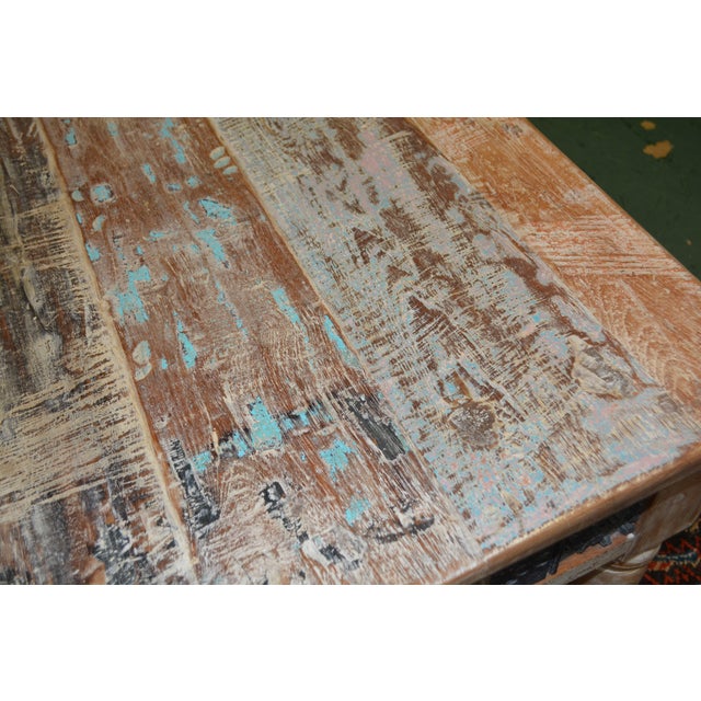 Beige 1980s Rustic Carved Panel Tan Wood Coffee Table W/ Aqua / Brown Bleached Indian For Sale - Image 8 of 16