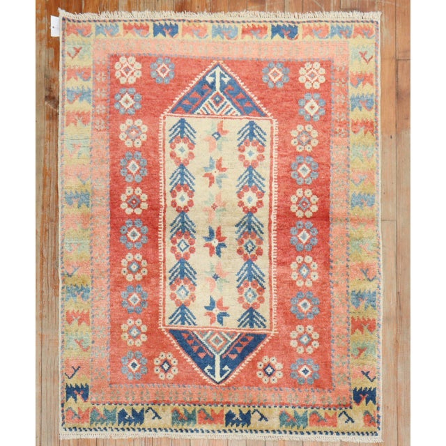 Folk Art Vintage Zabihi Collection Red Turkish Anatolian Scatter Rug - 3'4" x 4'3" For Sale - Image 3 of 6