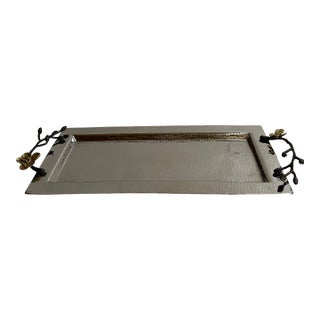Michael Aram Sign Gold Plated Orchid Flowers Hammered Silver Tone Shine Serving Tray 17"x 7" For Sale