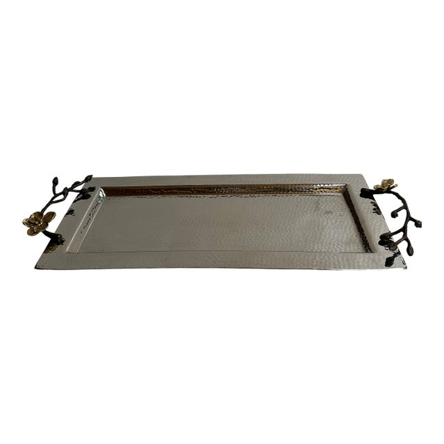 Michael Aram Sign Gold Plated Orchid Flowers Hammered Silver Tone Shine Serving Tray 17"x 7" For Sale