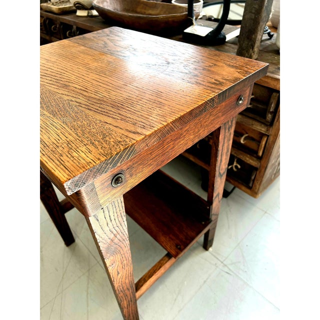 1970s Vintage Mission Style Oak SideTable With Drawer and Lower Shelf, Early 20th Century Craftsman Design For Sale - Image 5 of 9