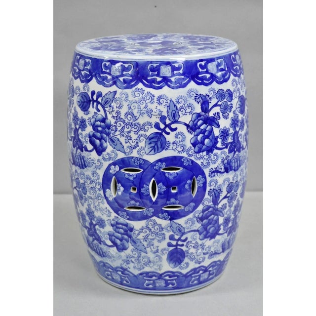 Ceramic Vintage Chinoiserie Blue White Porcelain Decorated Garden Seat Stool For Sale - Image 7 of 9