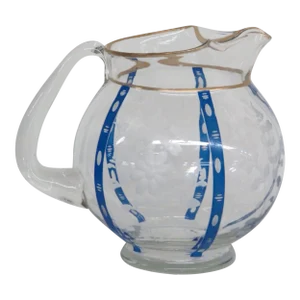 Floral Etched Blue and Gold Striped Glass Round Ball Water Juice Pitcher