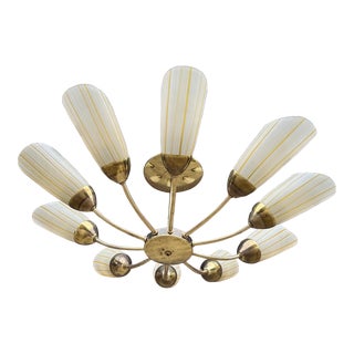 Mid Century Modern Chandelier Hanging Spider Arm Lamp Glass and Brass Lightolier For Sale