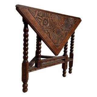 Antique English Carved Oak Folding Side Table – Bobbin Turned Legs For Sale