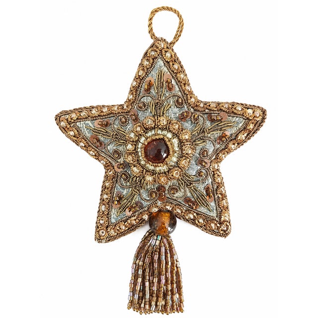 Set of 6 Embroidered Beaded Star Tassel Christmas Ornaments in Gold & Bronze For Sale - Image 4 of 6