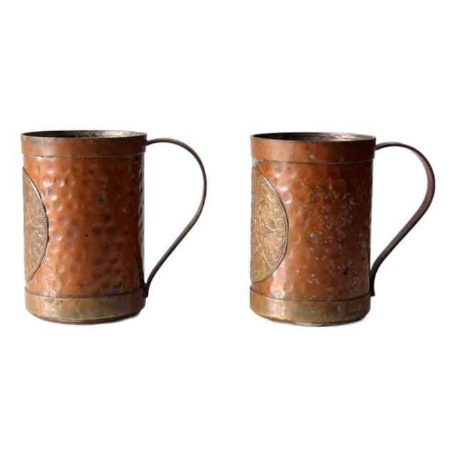 Vintage Copper Plated Mugs Aztec Calendar Pair For Sale