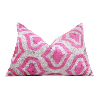 Handmade Pink Geometric Velvet Lumbar Pillow 16x24 – Luxury Silk Ikat Cushion For Sale