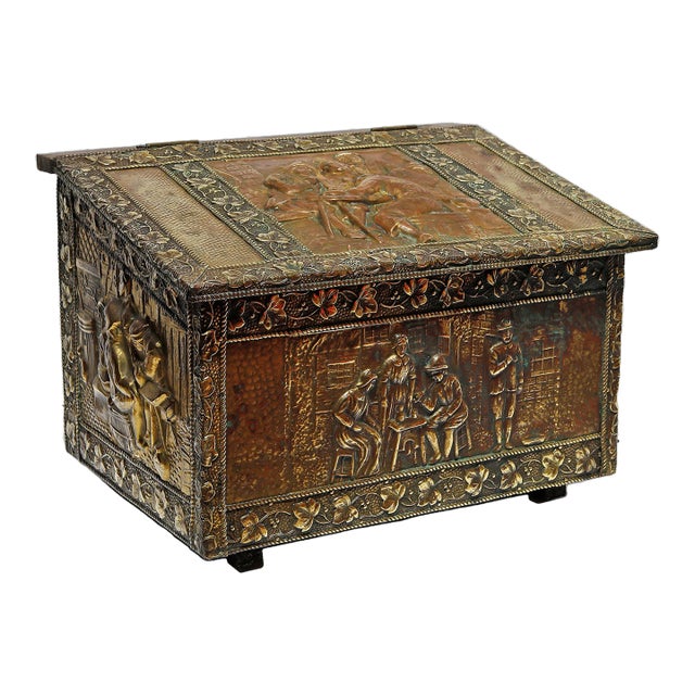 Antique Coal Kindling Box Copper and Brass Repousse For Sale