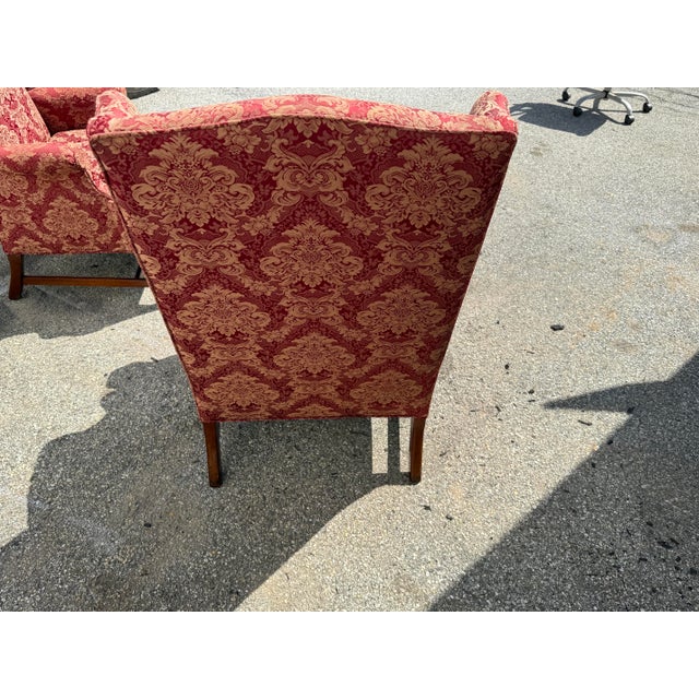 Red Pair of Chippendale Style Straight-Leg Fireside Wingback Chairs For Sale - Image 8 of 12