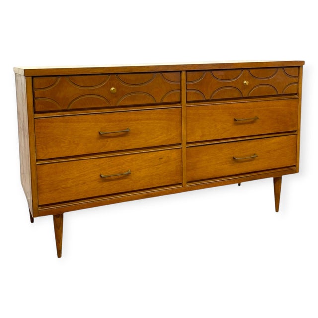 Vintage Bassett Mid Century Modern Walnut Double 6 Drawer Dresser With Carved Details. For Sale In Seattle - Image 6 of 11