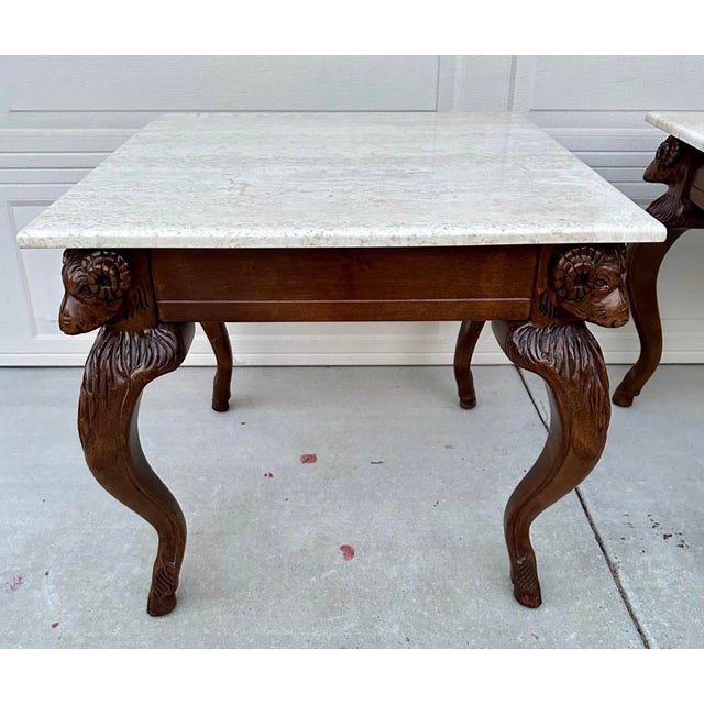 1960s Vintage Ram’s Head Carved Walnut & Travertine Side Tables Attributed to Minton Spidell – Pair For Sale - Image 5 of 18