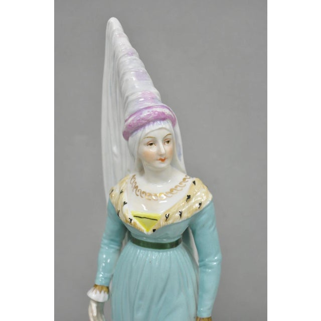 Victorian Antique Carl Thieme Potschappel German Dresden Porcelain Medieval Lady Figurine For Sale - Image 3 of 12