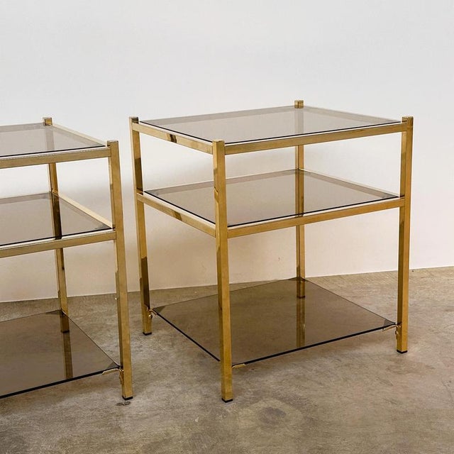 Vintage Brass and Smoked Glass 3-Tier Side Tables, 1970s, Set of 2 For Sale - Image 9 of 12