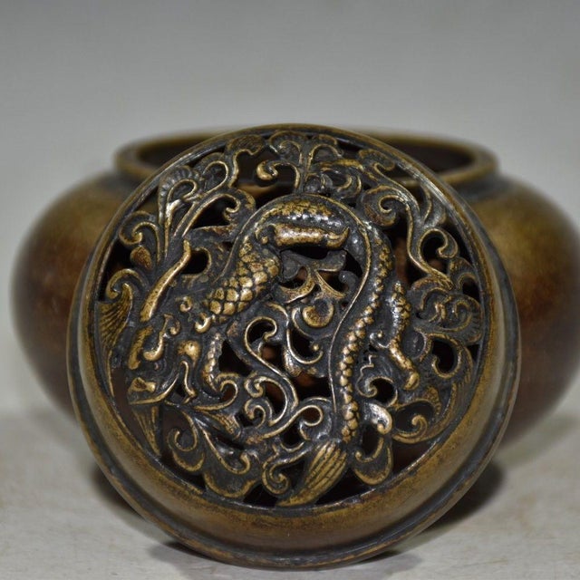 Vintage Bronze Incense Burner With Pierced Dragon Lid - Asian Censer For Sale In Los Angeles - Image 6 of 9