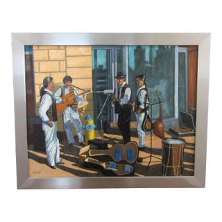 Original Robert Samick "Streetside Musicians Nyc" Oil Painting Framed and Signed For Sale