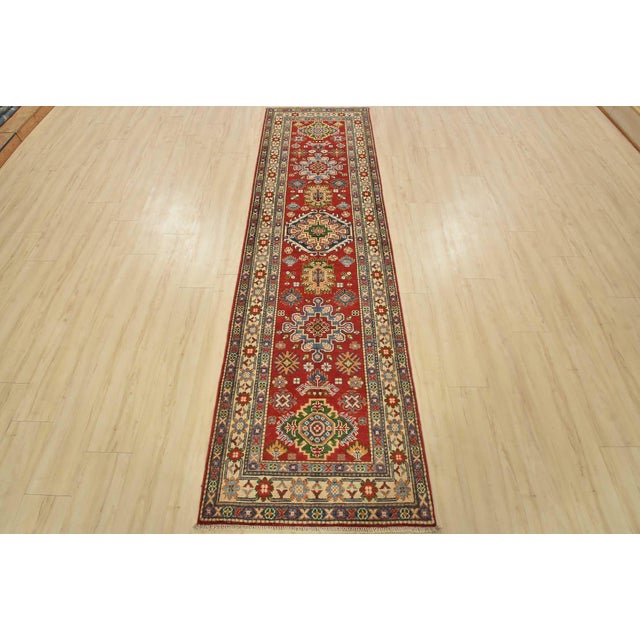 Farmhouse Kazak Runner 2’9” X 9’7” Red Wool Tribal Hand-Knotted Oriental Rug For Sale - Image 3 of 13