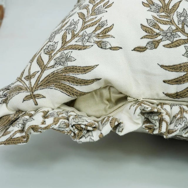 Fabdivine Elegant Block Printed Frill Cushion Cover 14x36 Inch Thick Cotton White- Vrindavan For Sale - Image 4 of 5