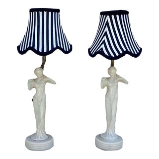 Antique Art Deco Aladdin Opalescent Glass Lady Figural Table Lamps - a Pair For Sale