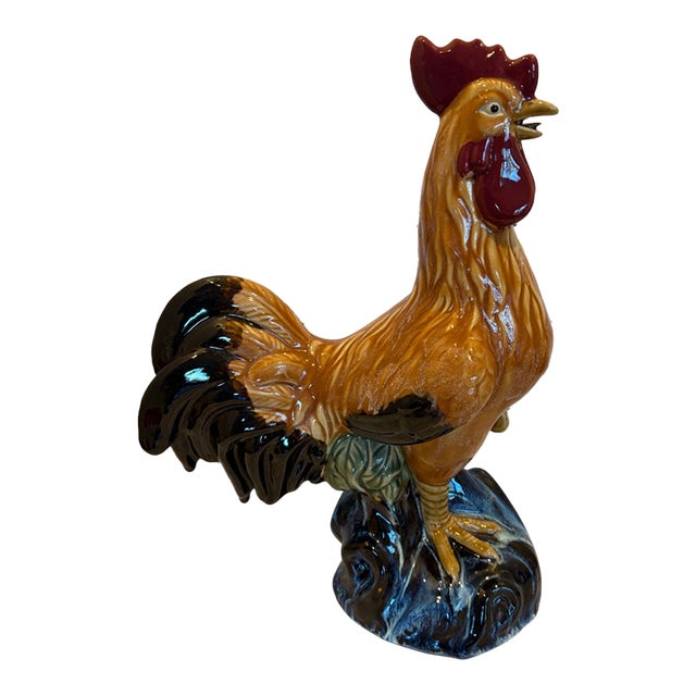 Large Vintage Ceramic Rooster Figurine in the Style of Italian Majolica For Sale
