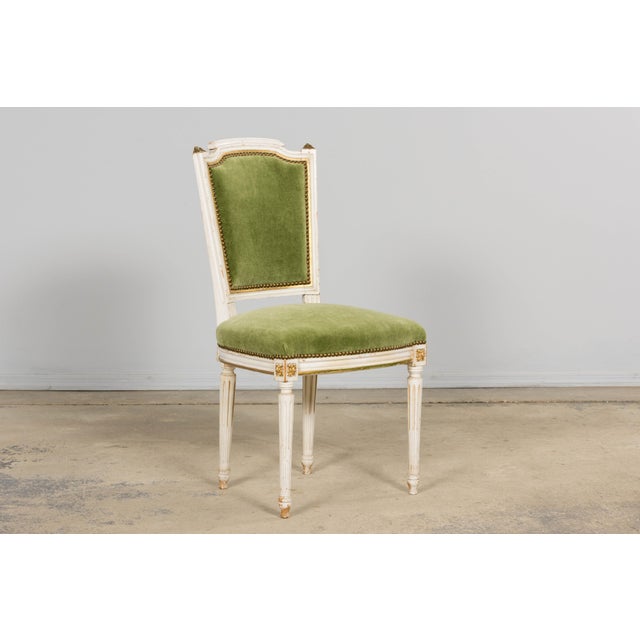 Green Antique French Louis XVI Style Painted Accent Chair in Moss Green Mohair For Sale - Image 8 of 18