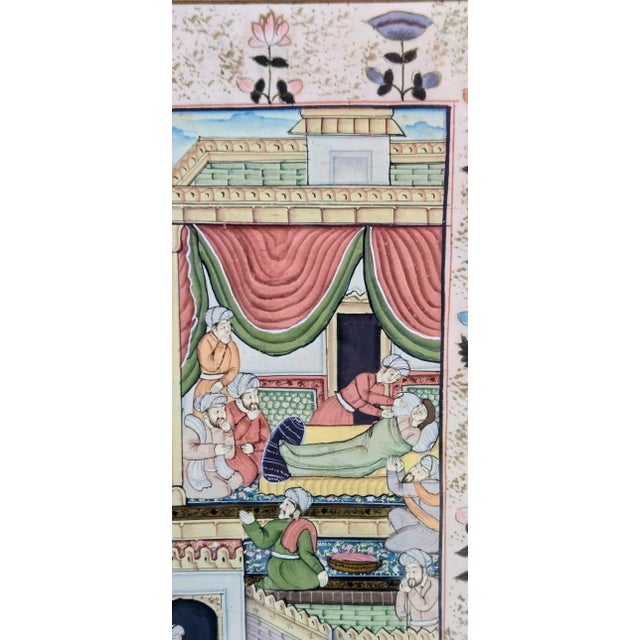 Traditional Hand-Painted Mughal Courtly Scene – Framed Art Depicting Emperor Akbar Era, Lake Palace Hotel Provenance For Sale - Image 3 of 9