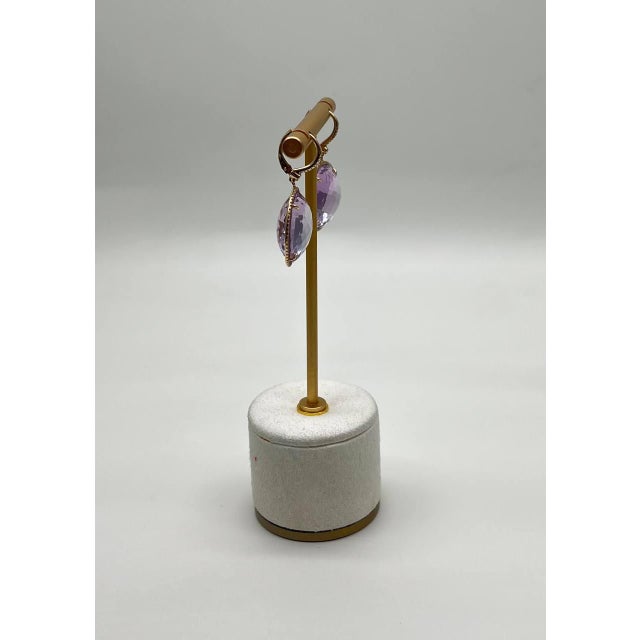 Violet Pink Amethyst Diamonds Halo Set 14k Yellow Gold Drop Unique Earrings, A Pair For Sale - Image 12 of 13