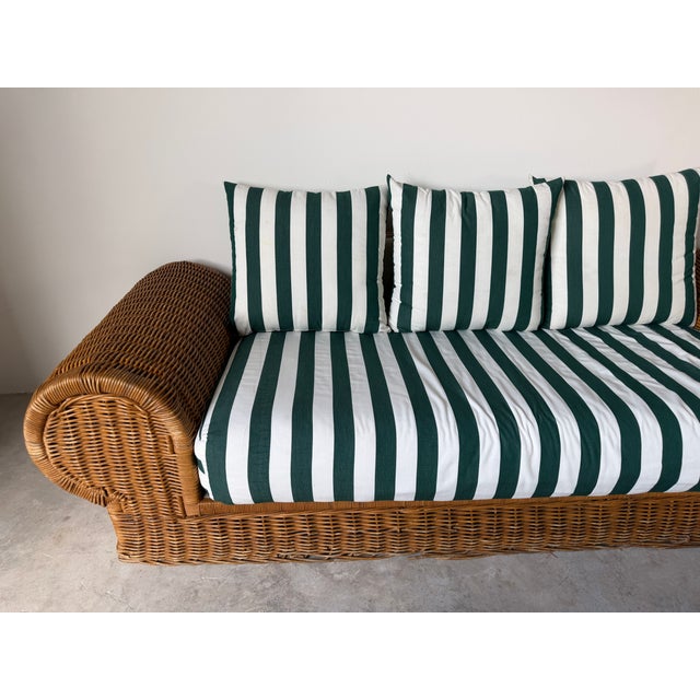 1970s Vintage Coastal Organic - Rattan Sofa With Rolled Arms & Striped Cushions For Sale In Miami - Image 6 of 18