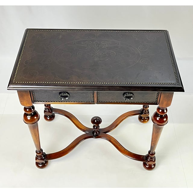 Theodore Alexander Attributed "William and Mary Armoury Table" With Engraved Brass Panels For Sale - Image 12 of 13