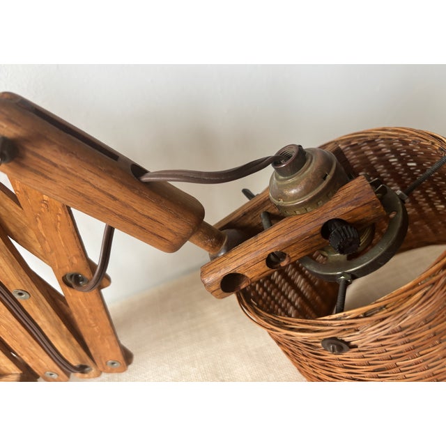 Vintage Wood Scissor Lamp Danish Style W/ Wicker Shade For Sale - Image 11 of 15