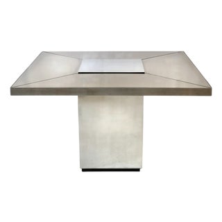 Vintage Square Table with Central Stainless Steel Base and Four-Part Smoked Glass Top, 1970s For Sale