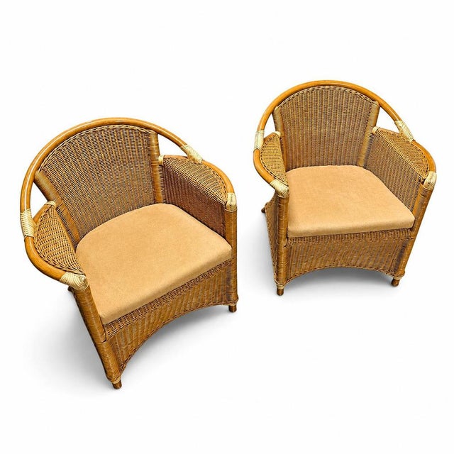 2 x Wicker and Bamboo Patio Chair / 1980s / Faux suede / Alcantara Height 80Width 80Depth 70Seat height 43 cm