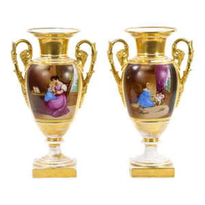 Pair 19th Century Paris Porcelain Vases With Gilt / Hand-Painted Decorations