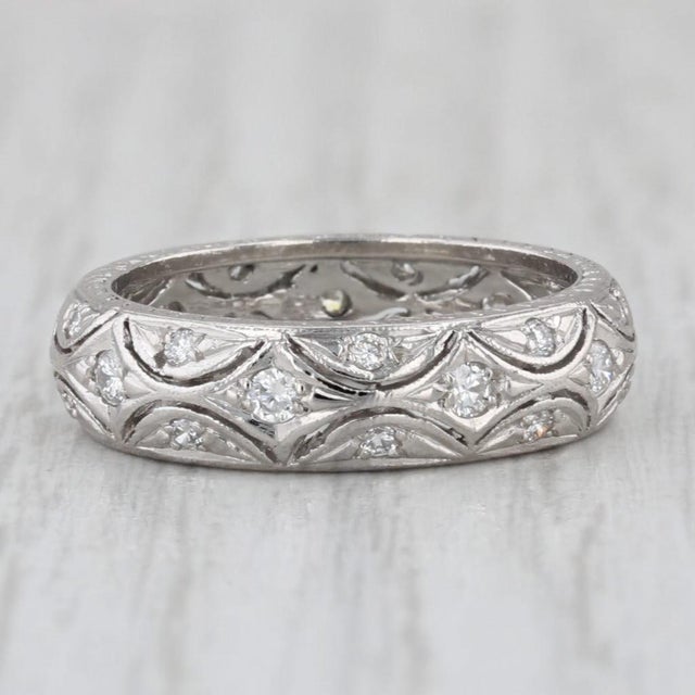 Traditional Vintage Diamond Wedding Anniversary Band Platinum Size 6.25 Stackable Ring For Sale - Image 3 of 7